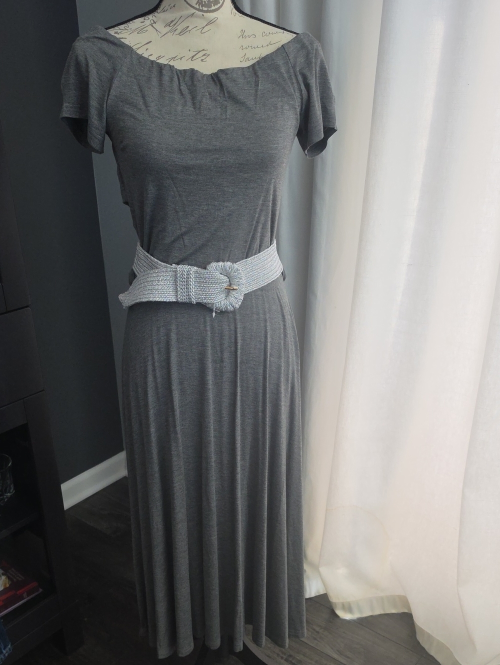 Suzanne Betro Gray Criss-Cross Back Off‑Shoulder Maxi